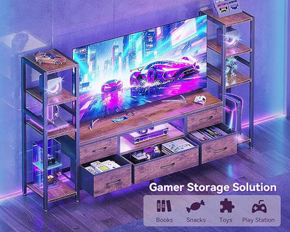 Casaottima TV Stand for 40/50/55 Inch TV, Low-Profile Entertainment Center with LED Lights & Power Outlet, TV Stand with Drawers & Open Shelves for Storage for Small Spaces/Gaming, Rustic Brown