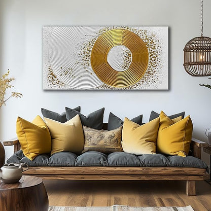 White and Gold Wall Decor for Living Room Abstract Circle Painting Wall Art for Dining Room Modern Art Wall Decor for Office Size 24 x 47 Inch