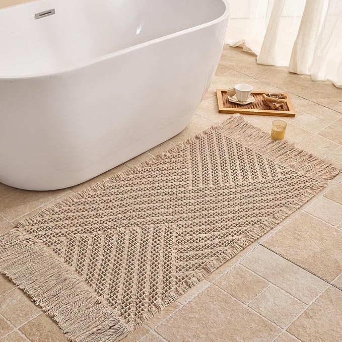 Waffle Bath Mat Non Slip, Boho Runner Rug, Super Absorbent Quick Dry Long Bath Runner Bathroom, Soft Farmhouse Bath Rug with Tassels, Washable Shower Mats for Floor 24"x48", Tassels Brown