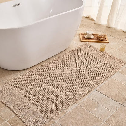 Waffle Bath Mat Non Slip, Boho Runner Rug, Super Absorbent Quick Dry Long Bath Runner Bathroom, Soft Farmhouse Bath Rug with Tassels, Washable Shower Mats for Floor 24"x48", Tassels Brown