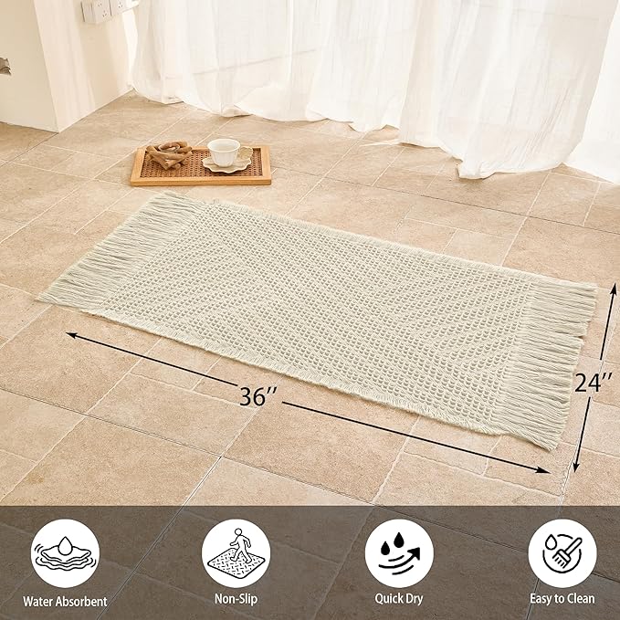 Waffle Bath Mat Non Slip, Boho Bathroom Rug, Super Absorbent Quick Dry Bathroom Mat, Soft Farmhouse Bath Rug with Tassels, Small Washable Shower Mats for Floor 24"x36", Tassels Cream