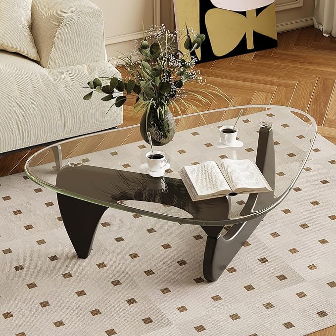 Coffee Table for Living Room Mid Century Modern Center Table with Glass Top, Black/Transparent