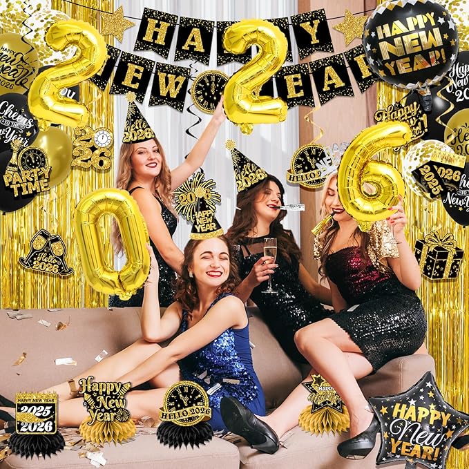 New Years Eve Party Supplies 2026,Black Gold 2026 Happy New Years Decorations Set,happy New Year Banner,Hat,New Year Hanging Swirls,Headband Tiara,Foil Balloons,Curtain,Honeycpmb for Nye Decor