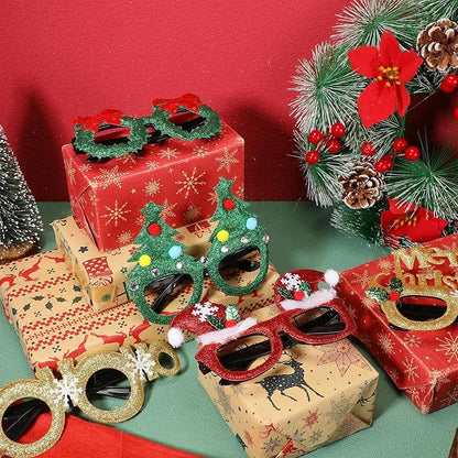Hiboom 100 Piece Bulk Santa Hat Glasses Costume Set Christmas Santa Hats Xmas Tree Elk Glasses Funny Glitter Frames Eyewear for Christmas Holiday Party Gift Photo Booth Props Decorations