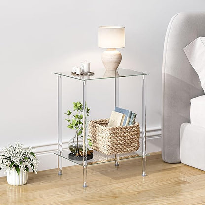 Tempered Glass Side Tables Set of 2 Acrylic End Table with 2 Storage Shelve transparent Bedside simplicity clear 2-Tier Nightstands small Spaces Office Bedroom Living Room Study Transparent ET-008TR