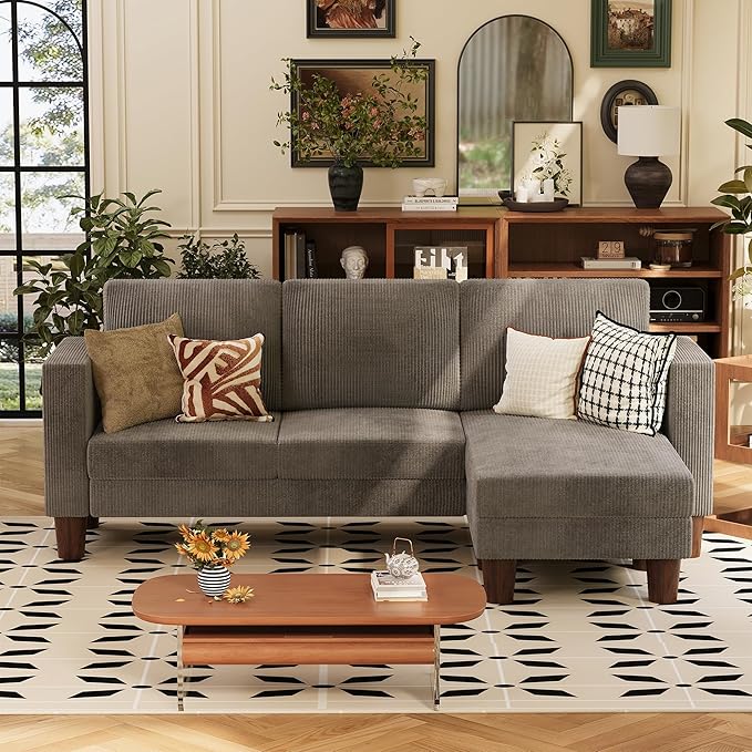 VICTONE Convertible Sectional Sofa Couch, 3 Seat L-Shaped Sofa with Linen Fabric Ottoman Small Couch for Small Apartments, Living Room and Office (Corduroy, Gray)