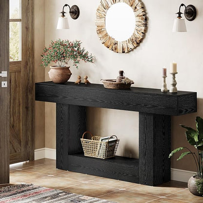 Tribesigns 63" Console Table, Farmhouse 2-Tier Entryway Table with U-Shaped Base, Narrow Long Wood Sofa Table Behind Couch Table for Living Room, Hallway, Foyer, Black