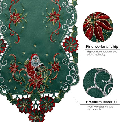 Joyfol Day Christmas Embroidered Green Table Runner 14 x 69 Inch, Cutwork Poinsettia Holly Leaves Santa Claus Table Runners, Tabletop Decoration for Winter Holiday Xmas/Dinner Party