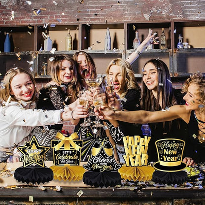 New Years Eve Table Centerpieces 2026 - Black and Gold Honeycomb Table Decorations, New Year's Eve Party Supplies for 2026 NYE Celebration