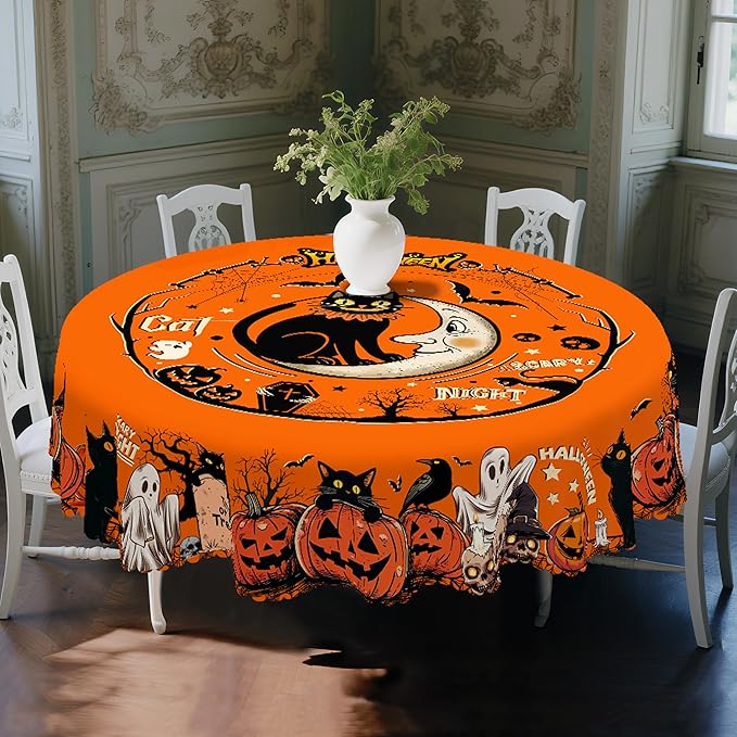 Eikione Round Tablecloth 60inch, Halloween Batcat Tablecloth Waterproof and Wrinkle-Free, Table Covers, Summer Decorations for Home Dining