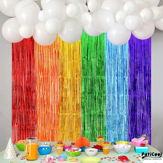 Rainbow Birthday Party Decorations, Rainbow Streamers Tinsel Foil Fringe Curtains - Thicken 2 Pack 3.2 x 8.2 FT - Photo Booth Props Backdrops for Fiesta, Mexican, Pride, Baby Shower Decorations