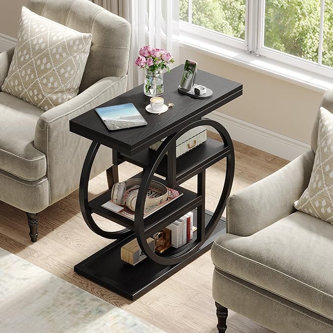 Tribesigns End Table Set of 2, 4-Tier Narrow Side Table with Storage Shelves, Wood Small Sofa Side Table with Geometric Metal Frame, Modern Bedside Table for Bedroom, Living Room, Black