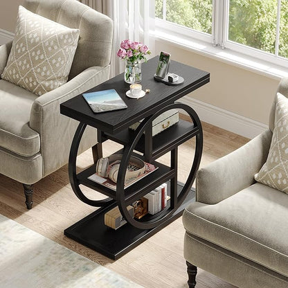 Tribesigns Black End Table for Living Room, 4-Tier Narrow Side Table with Storage Shelves, Modern Bedside Table for Bedroom, Wood Small Sofa Side Table with Geometric Metal Frame (1 PC, Black)