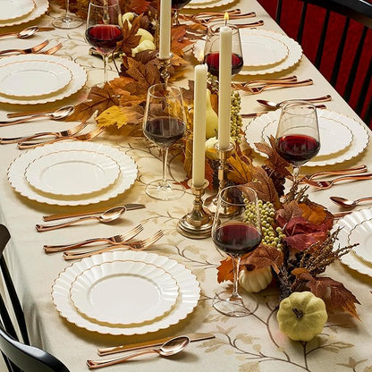 By Madee HEAVYWEIGHT 100 Pc Fancy Plastic Plates for Thanksgiving Dinner – Ivory Scalloped Plates with Rose Gold Trim 50 Dinner & 50 Dessert Disposable for Fall Party & Friendsgiving (50 Guests)