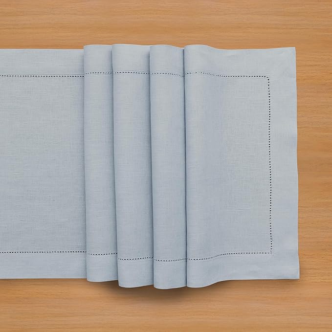 Solino Home Linen Dusty Blue Table Runner 72 Inches Long - 100% Pure Linen Hemstitch Table Runner 14 x 72 Inch for Dresser, Dining, Fall, Autumn - Classic Hemstitch