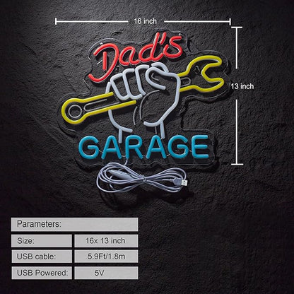 Dad's Garage Neon Sign for Wall Décor LED Car Signs for Auto Repair Shop Man Cave Workshop Decor for Fathers Gift