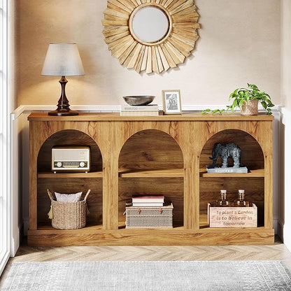 Tribesigns Farmhouse Console Table, 63-Inch Long 3-Tier Entryway Table with Storage, Wooden Rectangular Sofa Table Behind The Couch for Entrance, Hallway, Living Room, Natural Wood