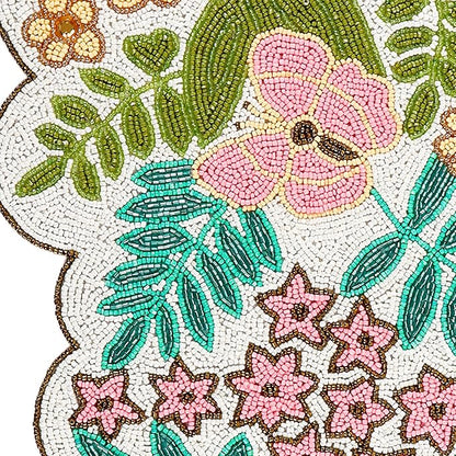 Handmade Beaded Table Runner -35 Inch Spring Floral Runner with Butterflies, Pink Flowers, and Green Leaves -Pastel Table Decor for Easter, Dining Room, Entryway, or Garden Party (Multi) - CLEENTABLE