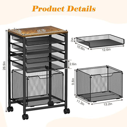 Rolling File Cart 5-Tier, Under Desk Cabinet with Sliding Metal Mesh Trays for Binder Storage, Utility Cart Printer Stand with Wheels for Letter-Size File Storage, for Office & Homeschool Organization