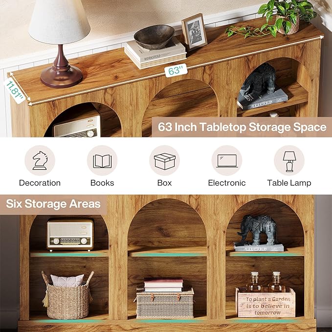 Tribesigns Farmhouse Console Table, 63-Inch Long 3-Tier Entryway Table with Storage, Wooden Rectangular Sofa Table Behind The Couch for Entrance, Hallway, Living Room, Natural Wood