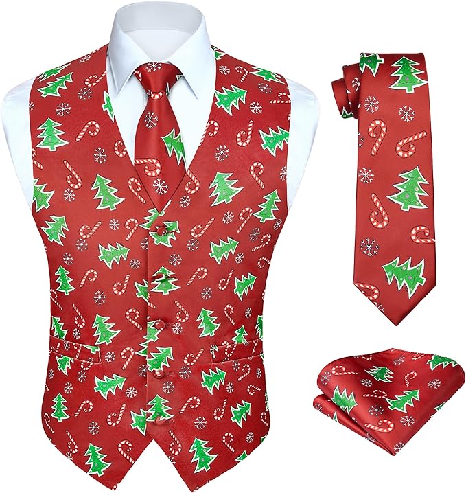 HISDERN Men's Suit Vest Christmas Holiday Season Party Jacquard Waistcoats Necktie Pocket Square Vest Suit Set