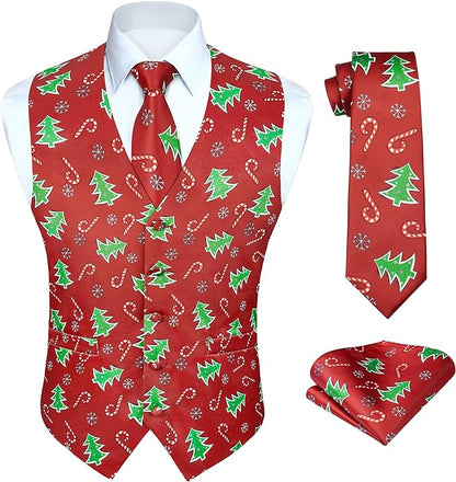 HISDERN Men's Suit Vest Christmas Holiday Season Party Jacquard Waistcoats Necktie Pocket Square Vest Suit Set