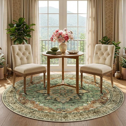 Area Rugs 5ft Washable Non-Slip, Floral Vintage Distress Print Pattern Medallion Carpet for Living Room Bedroom Dining Room, Brick Red Rust Neutral Brown Burnt Orange