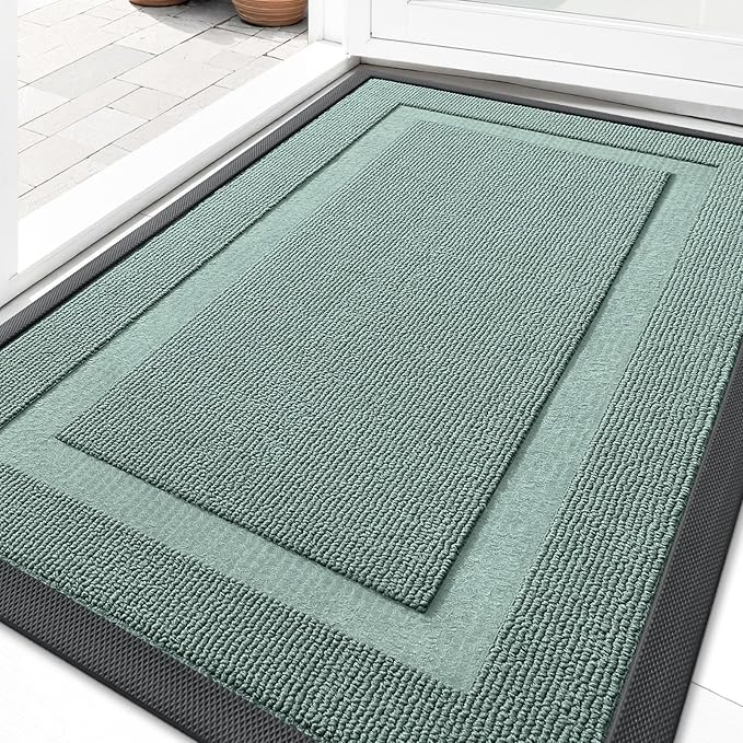 OLANLY Front Door Mat Indoor Outdoor Entrance, Waterproof All-Season, All-Weather Doormat, Sturdy Natural Rubber, Low Profile, Easy Clean Patio Porch Entryway Mat, 47x32, Grayish Green