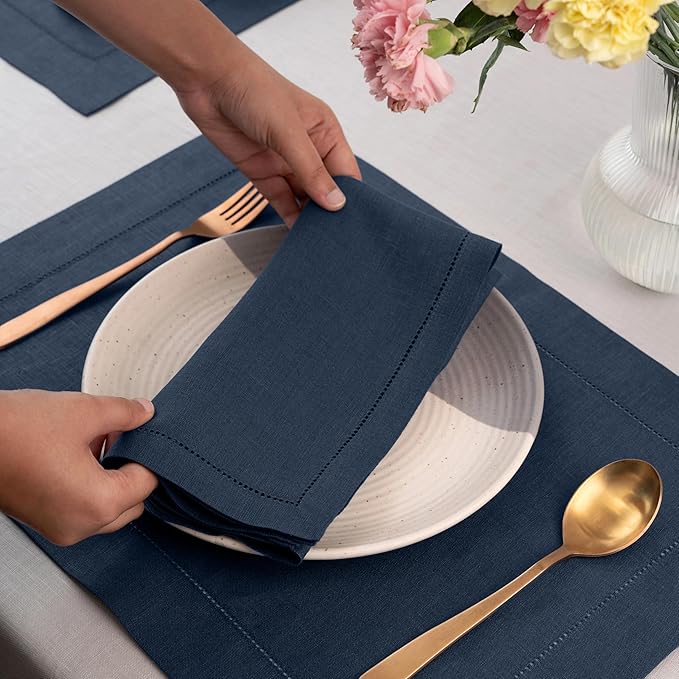 D'Moksha Homes Navy Blue Linen Napkins Set of 4 - Classic Hemstitch 100% Pure Linen Hemstitch Dinner Napkins 20 x 20 Inch for Winter, Christmas, Holiday - Handcrafted and Machine Washable