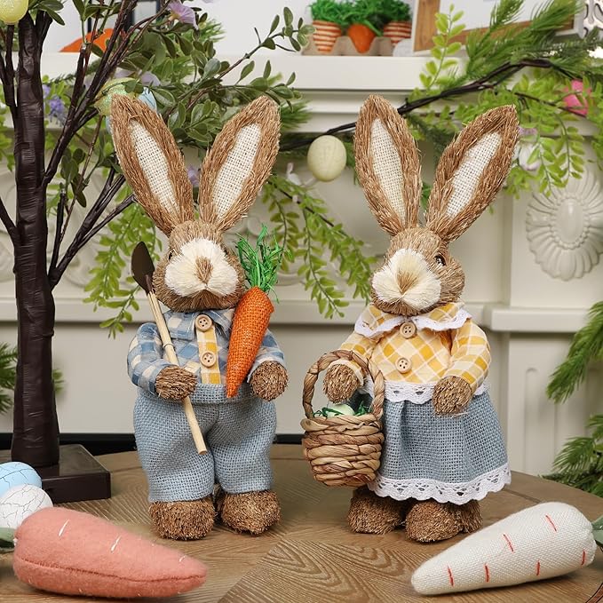 DR.DUDU Set of 2 Easter Decorations 13" Bunny Figurines Tabletop Spring Decor, Rustic Straw Bunny Couple with Carrot, Sisal Rabbit Statues Ornaments for Table Home Office Kitchen Farmhouse
