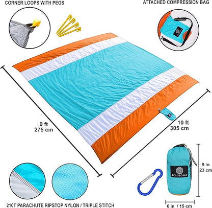 ECCOSOPHY Sandproof Beach Blanket - Oversized Sand Free Beach Mat 9'x10' - Lightweight Outdoor Picnic Blanket Anchored with 4 Corner Sand Pockets & Plastic Stakes - Heat Proof, Quick Drying & Compact