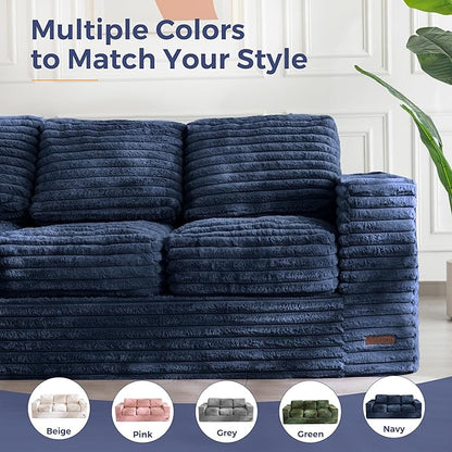 MAXYOYO 3-Seater Boneless Sofa Couch in a Box, Modern Faux Fur Sofa for Living Room, Soft High-Density Foam Couch with Pillows, Fluffy & Supportive Lounge, No Assembly Required, Navy