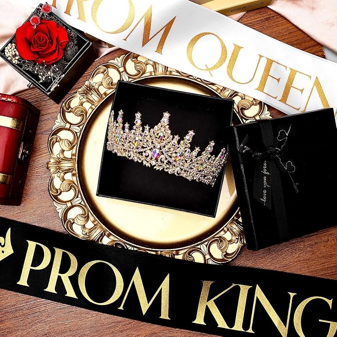 4 Pcs Gold King Crown Tiara Crowns for Men Women Prom King and Queen Crowns with Satin Sash Rhinestone Crystal Crown Queen Tiara Sash for Wedding Graduation Birthday Party Halloween