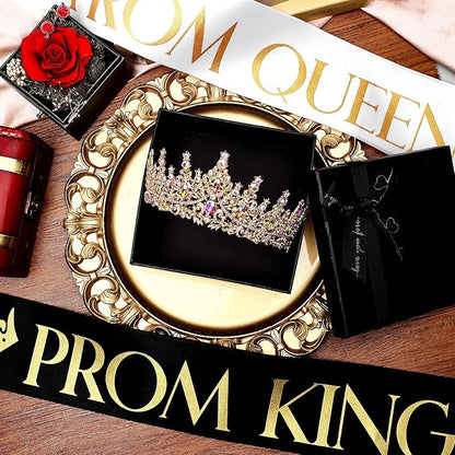4 Pcs Gold King Crown Tiara Crowns for Men Women Prom King and Queen Crowns with Satin Sash Rhinestone Crystal Crown Queen Tiara Sash for Wedding Graduation Birthday Party Halloween
