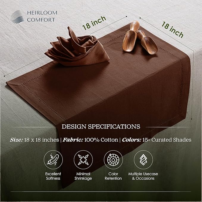 Brown Cloth Napkins 18x18 Inch, Set of 6-100% Cotton, Soft, Absorbent, Reusable & Washable Napkin with Hemstitch Mitered Edges - Ideal for Rustic Weddings, Farmhouse Dining, Dinner