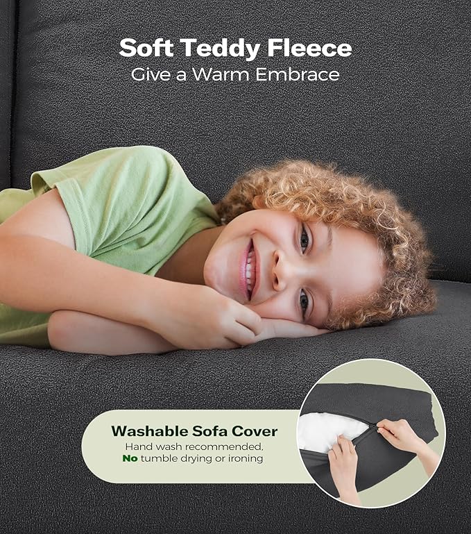 83" Couches for Living Room, Comfy Sofas for Living Room with Storage Ottomans, Teddy Sofa Couch, Tool-Free Loveseat Sofa, All-Wood Love Seat Couches, U Shaped Couch 2 Pillow Included, Grey