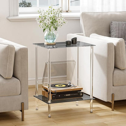 Tempered Glass Side Tables Set of 2 Acrylic End Table with 2 Storage Shelve transparent Bedside simplicity clear 2-Tier Nightstands for small Spaces Office Bedroom Living Room Study black ET-008BK
