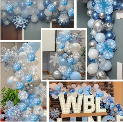 Snowflake Balloons Winter Blue White Silver Balloons Metallic Pearl Blue Silver White Snowflake Balloon Set for Princess Snow Wonderland Ice Christmas Birthday Baby Shower Wedding Party Decorations