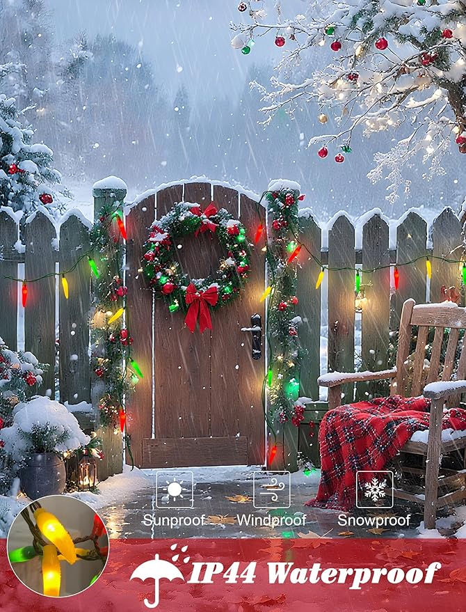 Christmas Chili Pepper Lights Multicolor, 13.6FT Chili Lights with 35 Red Green Yellow Chili Pepper Bulbs for Outdoor Indoor Kitchen Garden Patio Christmas Mexican Party Decor