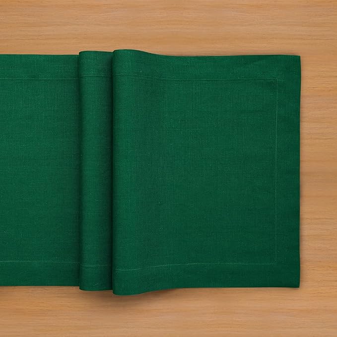 Solino Home Linen Table Runner 48 Inches - 100% Pure Linen Christmas Green Table Runner 14 x 48 Inch Ideal for Dresser and Coffee Tables - Fete