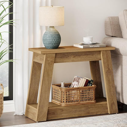 Tribesigns Wood End Table, Small Side Table with 2 Storage Shelves, Rustic Accent Narrow Nightstand for Living Room, Bedroom (1, Light Brown)