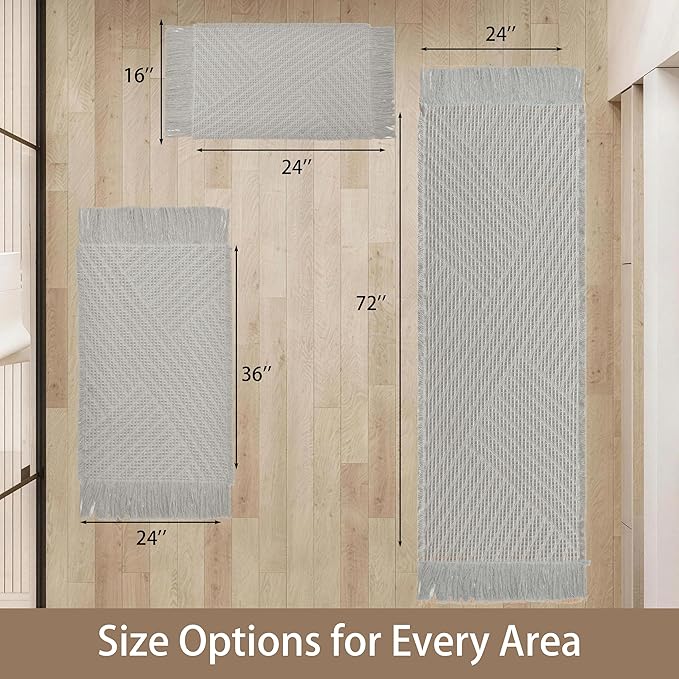 Waffle Bath Mat Non Slip, Boho Runner Rug, Super Absorbent Quick Dry Long Bath Runner Bathroom, Soft Farmhouse Bath Rug with Tassels, Washable Shower Mats for Floor 24"x48", Tassels Light Grey