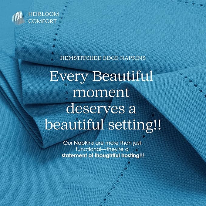 Turquoise Blue Cloth Napkins 18x18 Inches, 6 Pack - Soft, Absorbent, Reusable, Washable Cotton - Hemstitch Mitered Edges - Perfect for Summer, Beach Parties, Outdoor Dining, Events