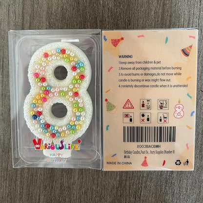 Birthday Candles, Pearl Sequin Number Candle Party Supplies (Number-8)