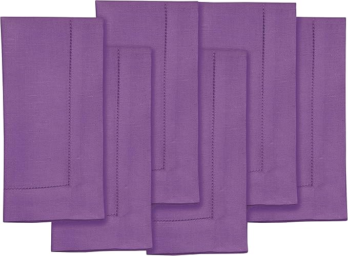 Solino Home Purple Linen Napkins Set of 6-100% Pure Linen Hemstitch Dinner Napkins 20 x 20 Inch for Fall, Autumn, Christmas, New Year - Classic Hemstitch