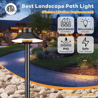 Gardenreet Solid Brass Landscape Path Lights - 12V Black Low Voltage Pathway Light IP65 Waterproof, Outdoor Walkway Fixture Hardwired, Hat-top for Patio Lawn G4 Bulb Not Included (10 Pack)