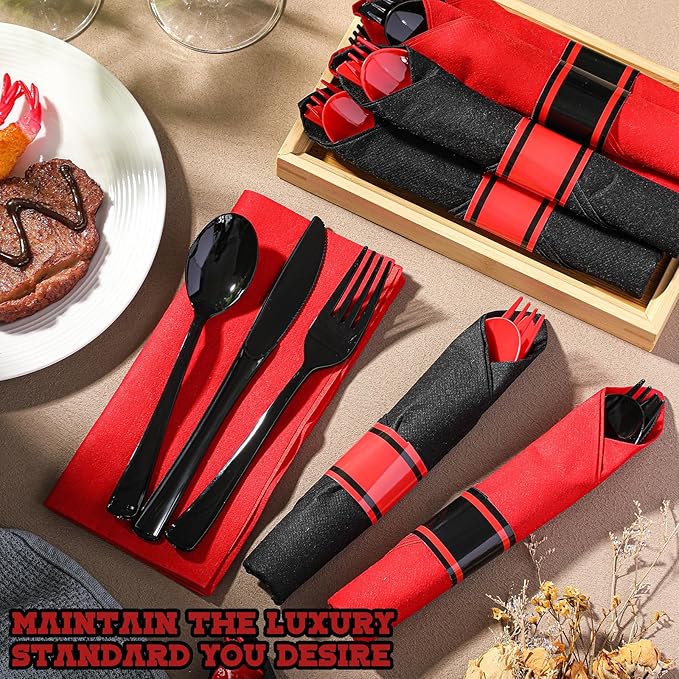 Lasnten 50 Pcs Pre-rolled Red and Black Plastic Silverware Set for 50 Guest Disposable Plastic Gothic Cutlery Set with Napkins for Red and Black Party Birthday Wedding Retirement Party Supplies