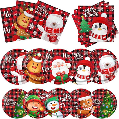 60pcs Christmas Paper Plates and Napkins Disposable Santa Snowman Christmas Plaid Plates Dinnerware Set Table Decorations for Holiday Xmas Party Supplies