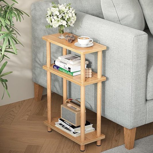 Apicizon Small Narrow Side Table, 3-Tier Skinny End Table for Small Spaces, Slim Nightstand with Storage Shelf, Bedside Table for Living Room, Bedroom, Natural