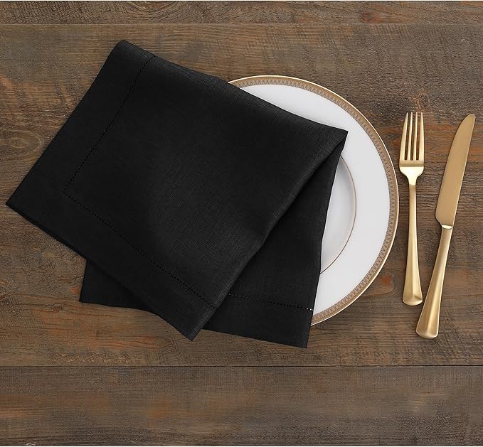 Solino Home Black Linen Napkins Set of 4-100% Pure Linen Hemstitch Dinner Napkins 20 x 20 Inch for Fall, Autumn, Winter, Christmas, Holiday, New Year - Classic Hemstitch